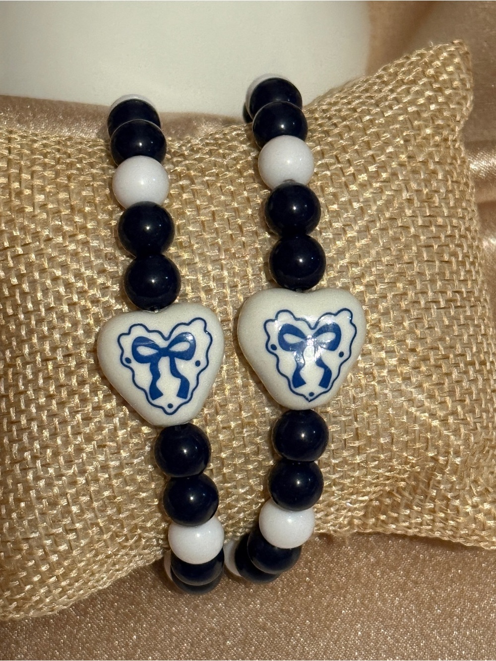 Chinoiserie Navy Blue White Heart Bow Bead Bracelet Stack